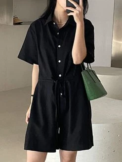 Solid Pocket Drawstring Waist Button Lapel Short Sleeve Romper -Zanzea Shop d7b0bb09 7ad9 4509 b826 b8b5c60682d7