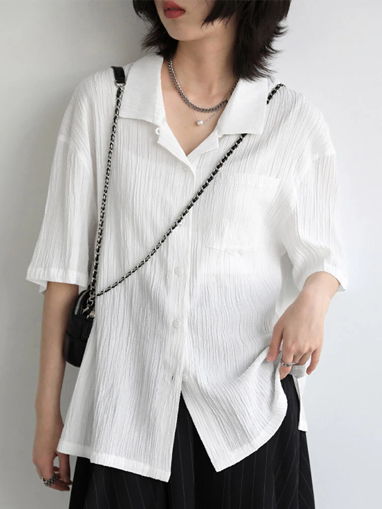 Solid Textured Half Sleeve Button Front Lapel Shirt 1 Solid Textured Half Sleeve Button Front Lapel Shirt