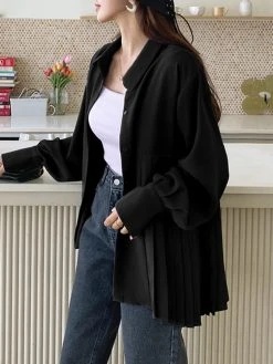 Solid Irregular Pleated Long Sleeve Lapel Button Down Shirt -Zanzea Shop d7ea7b7f 53d6 4220 acb9 069f11007794