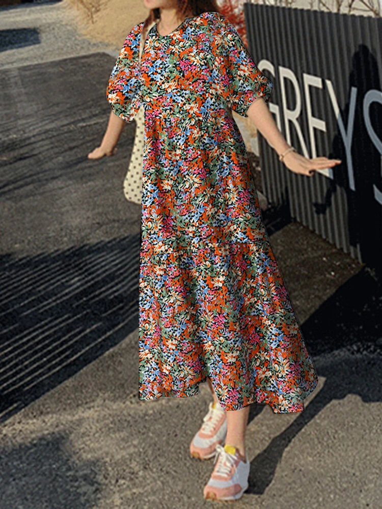 Cottagecore Calico Pocket Puff Sleeve Casual Maxi Dress 5 Cottagecore Calico Pocket Puff Sleeve Casual Maxi Dress - Image 5