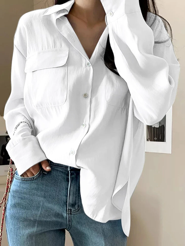 Solid Button Lapel Pocket Long Sleeve Shirt 1 Solid Button Lapel Pocket Long Sleeve Shirt