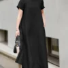 Solid Pocket Round Neck Short Sleeve Casual Cotton Maxi Dress