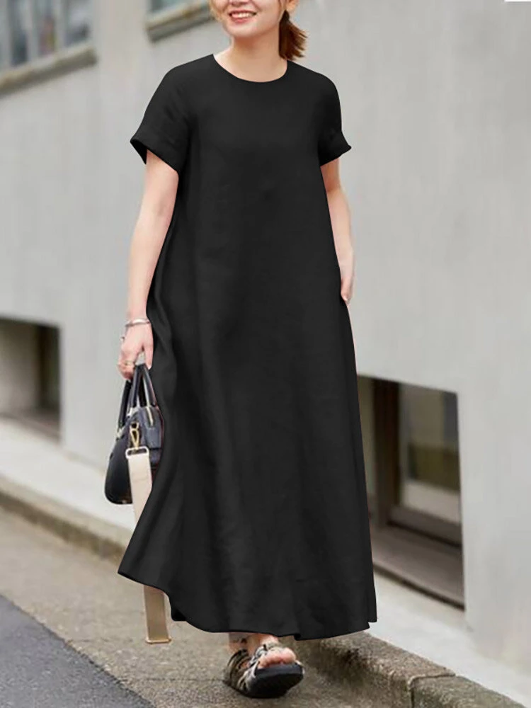 Solid Pocket Round Neck Short Sleeve Casual Cotton Maxi Dress 1 Solid Pocket Round Neck Short Sleeve Casual Cotton Maxi Dress