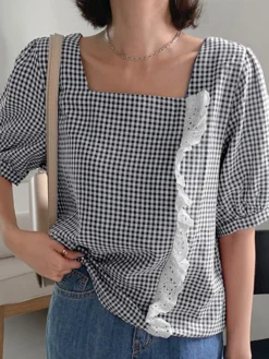 Check Print Lace Panel Short Sleeve Square Collar Blouse -Zanzea Shop d82fde42 074c 4fb7 960e 48d836c3325c