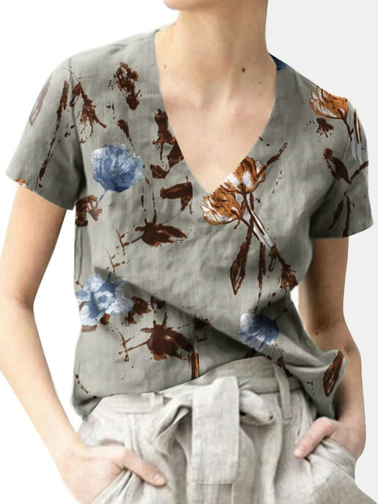 Flower Print Short Sleeve V-neck T-shirt For Women 1 Flower Print Short Sleeve V-neck T-shirt For Women