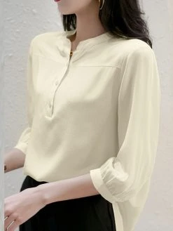 Solid Button 3/4 Sleeve Stand Collar Blouse For Women 14 Solid Button 3/4 Sleeve Stand Collar Blouse For Women -Zanzea Shop d876d507 ce56 4bff b5f5 45005f21ac24