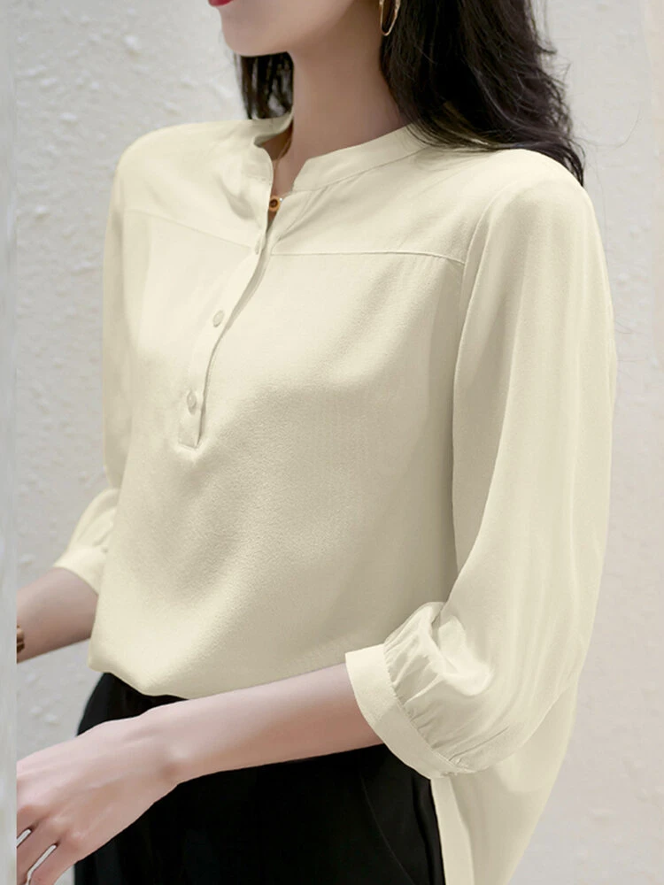 Solid Button 3/4 Sleeve Stand Collar Blouse For Women 3 Solid Button 3/4 Sleeve Stand Collar Blouse For Women - Image 3
