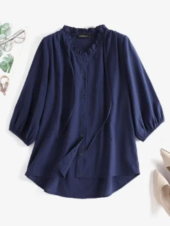 Solid Ruffle Trim V-neck Tie Lantern Sleeve Blouse