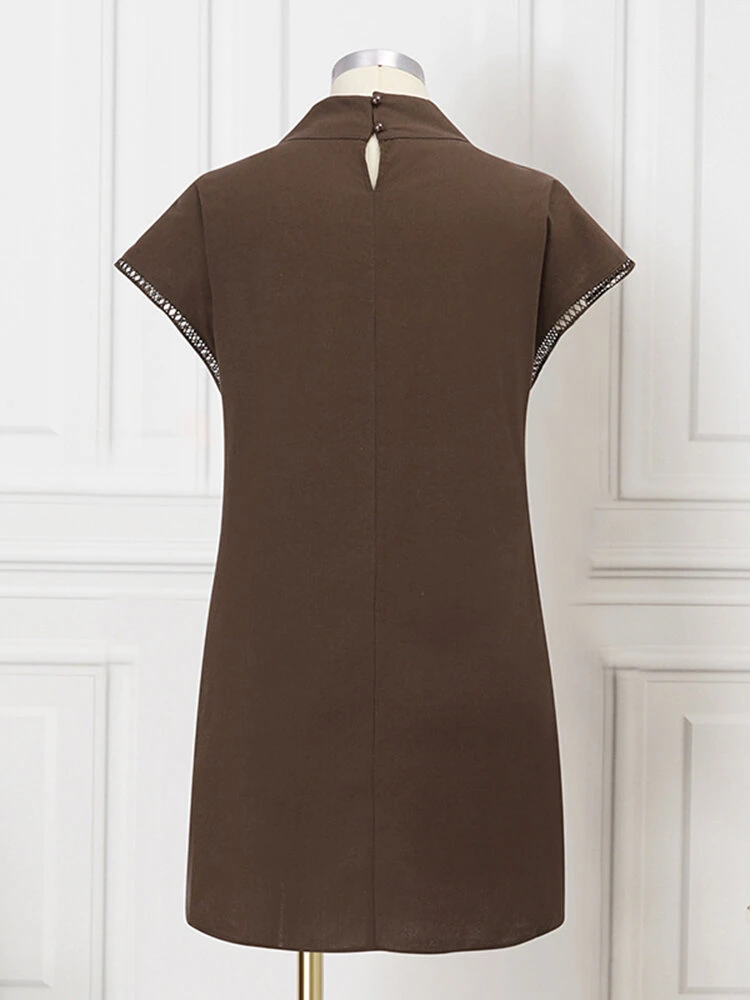 Women Hollow Lace Splice High Neck Cotton Plain Dress 5 Women Hollow Lace Splice High Neck Cotton Plain Dress - Image 5