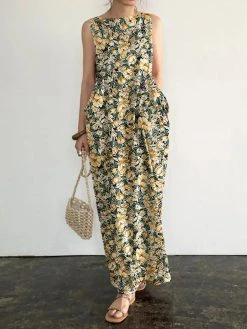 Pocket Floral Print Round Neck Sleeveless Maxi Dress -Zanzea Shop d89a8d10 2e4d 4294 8098 269f059818ae