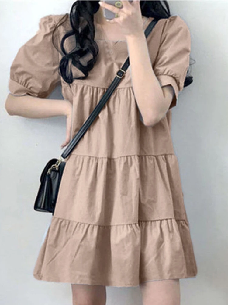 Puff Sleeve Square Collar A-line Solid Casual Dress 10 Puff Sleeve Square Collar A-line Solid Casual Dress - Image 10