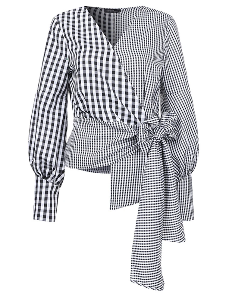 Contrast Plaid Bishop Sleeve Knot Plus Size Blouse 6 Contrast Plaid Bishop Sleeve Knot Plus Size Blouse - Image 6