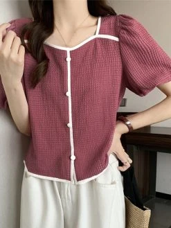 Contrast Square Collar Button Decor Short Sleeve Blouse -Zanzea Shop d8ca4fee fb63 436b 8bfd e354d735996d