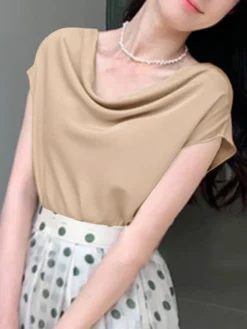 Cowl Neck Solid Satin Short Sleeve Blouse For Women -Zanzea Shop d8e11851 54f0 431e a6a5 34e258bbc5f3
