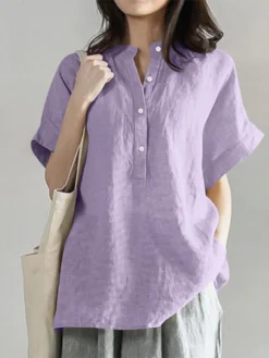 Solid Button Stand Collar Short Sleeve Loose Casual Blouse -Zanzea Shop d91a5734 7cc3 49b6 a982 f15683939664