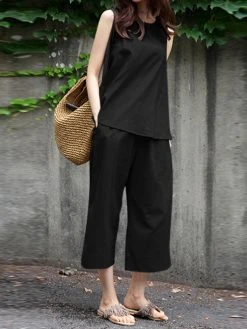 Women Solid Crew Neck Sleeveless Co-ords With Cropped Pants -Zanzea Shop d924ec58 4240 4a68 87e6 748176530c36