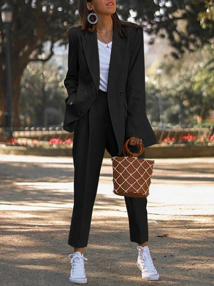 Solid Double Breasted Elastic Waist Lapel Long Sleeve Suit 4 Solid Double Breasted Elastic Waist Lapel Long Sleeve Suit - Image 4