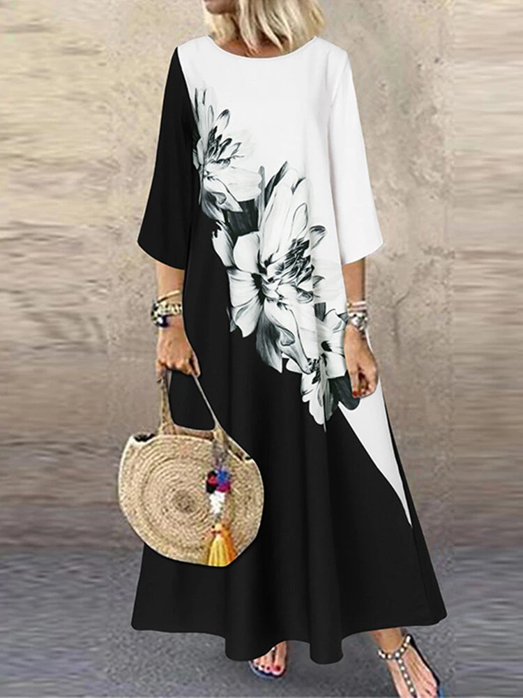 Flower Butterfly Print Crew Neck 3/4 Sleeve Maxi Dress 2 Flower Butterfly Print Crew Neck 3/4 Sleeve Maxi Dress - Image 2
