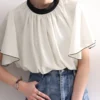 Contrast Button Ruffle Sleeve Stand Collar Women Blouse