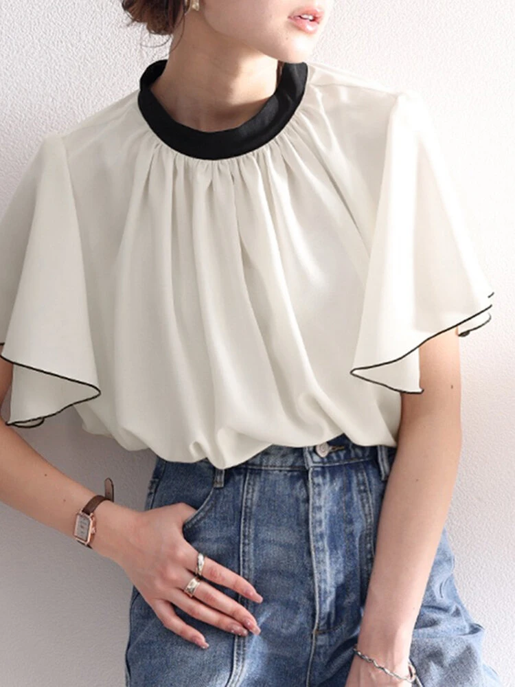 Contrast Button Ruffle Sleeve Stand Collar Women Blouse 1 Contrast Button Ruffle Sleeve Stand Collar Women Blouse