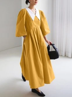 Contrast Collar Pleated Pocket Lantern Sleeve Maxi Dress 20 Contrast Collar Pleated Pocket Lantern Sleeve Maxi Dress -Zanzea Shop d98c311f b5b2 4df9 87cf 8dec94143dad