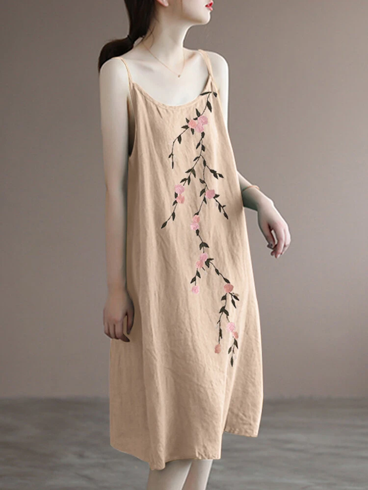 Women Floral Embroidered Cotton Spaghetti Strap Dress 6 Women Floral Embroidered Cotton Spaghetti Strap Dress - Image 6