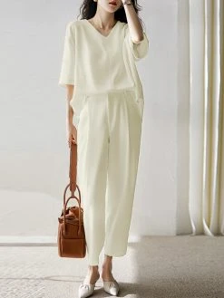 Women Solid Half V-neck Pocket Two Pieces Suit -Zanzea Shop d9bbab11 6836 4f7b 8e50 d6e5bb33d88e