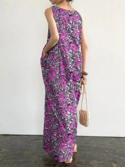Pocket Floral Print Round Neck Sleeveless Maxi Dress -Zanzea Shop d9c71d3e 2c47 43e0 a75e dcc4ed25c174