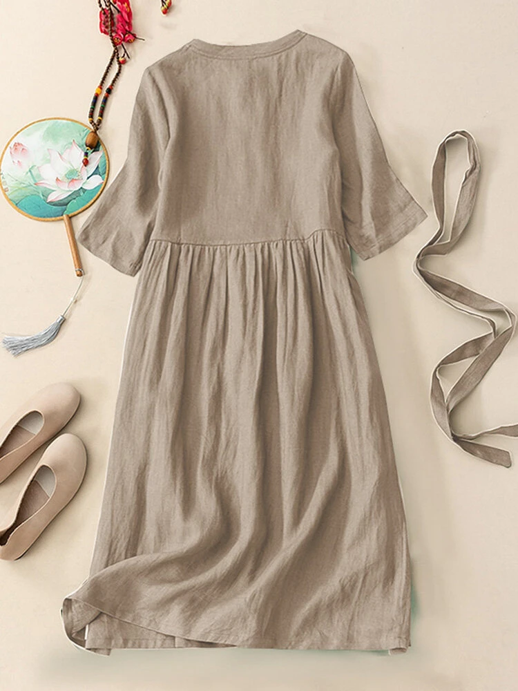 Solid Frog Button Half Sleeve Vintage Dress With Belt 6 Solid Frog Button Half Sleeve Vintage Dress With Belt - Image 6