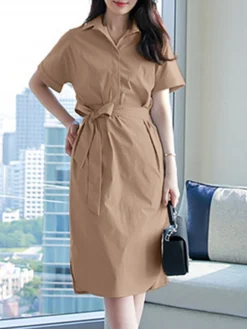 Solid Tie Front Pocket Lapel Short Sleeve Casual Dress -Zanzea Shop d9dee826 96c6 4f00 a402 f2833cb9d4c2