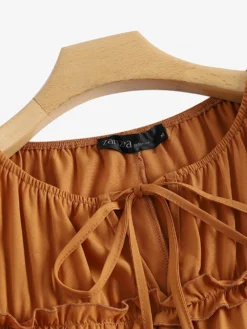 Solid Ruffle Trim Tie Front Long Sleeve Crew Neck Blouse -Zanzea Shop da29ec3f d237 45f2 b28b 098b55eb00df