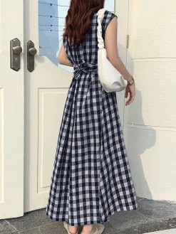 Check Print Button V-neck Short Sleeve Belt Maxi Dress -Zanzea Shop da2ff817 82bf 4b96 87ee 83c356f556d0