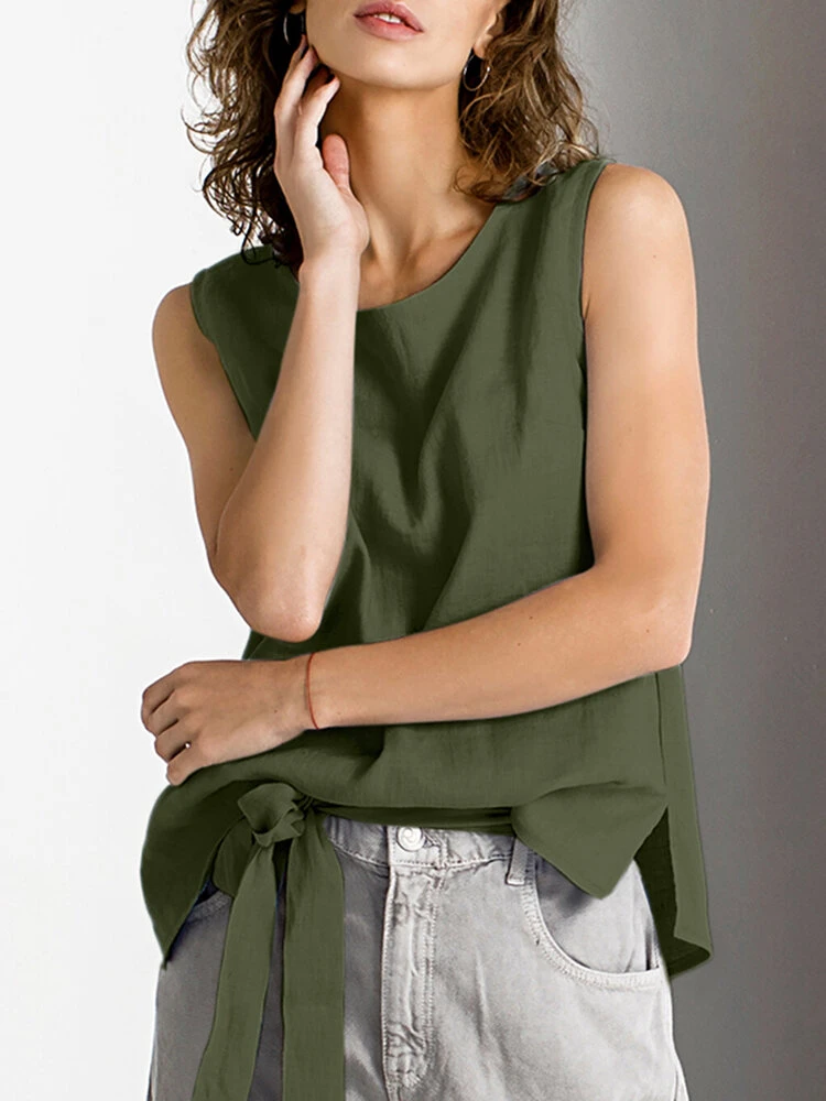 Women Solid Crew Neck Cotton Side Split Tank Top 8 Women Solid Crew Neck Cotton Side Split Tank Top - Image 8