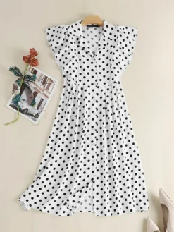 Dot Print Ruffle Sleeve Button Front Lapel Dress -Zanzea Shop da3b4733 1d25 42cf ad68 d88fa9f8f099
