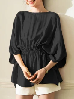 Elastic Waist Solid 3/4 Sleeve Crew Neck Loose Blouse -Zanzea Shop da69bf4e 767e 45f4 8351 5b77798452b6