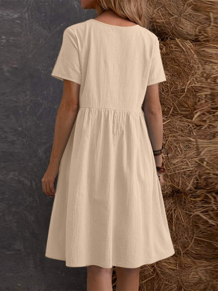 Solid Short Sleeve Pocket Crew Neck Vintage Dress 2 Solid Short Sleeve Pocket Crew Neck Vintage Dress - Image 2