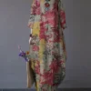 Printed O-neck Side Pockets Cotton 3/4 Sleeve Long Dress
