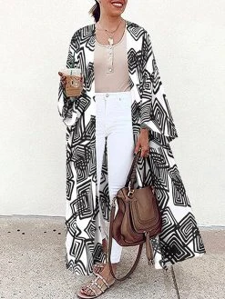 Bohemian Geo Print Loose Long Sleeve Open Front Kimono
