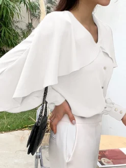 Ruffle Solid Long Sleeve V-neck Button Front Blouse -Zanzea Shop dabbc353 44de 4c5e 9623 79176c0656d2