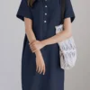 Solid Short Sleeve Button Front Half Placket Dress