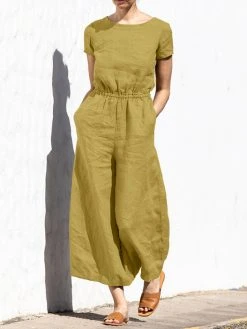 Solid Color Short Sleeve O-neck Cotton Wide Leg Jumpsuit -Zanzea Shop dad1d2b4 6bd4 4914 995a e1393d88193a