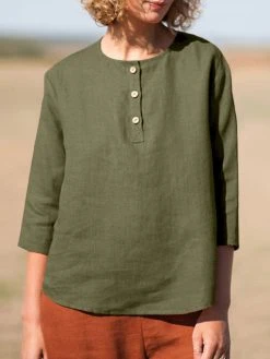 Solid Button Front Casual Crew Neck 3/4 Sleeve Blouse -Zanzea Shop dae95bc9 97cd 4b42 bc8b dd1bf8f70dfe