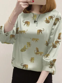 Leopard Pattern Crew Neck 3/4 Sleeve Blouse For Women