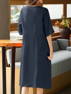 Solid Dual Pocket Half Sleeve Crew Neck Midi Dress -Zanzea Shop dafac1d4 2caf 41ca 8d03 1748f9f86901