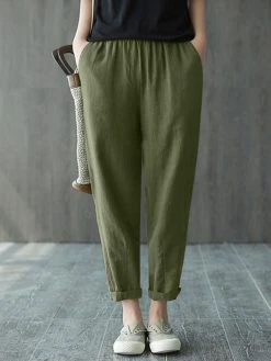Solid Pocket Casual Cropped Tapered Pants For Women