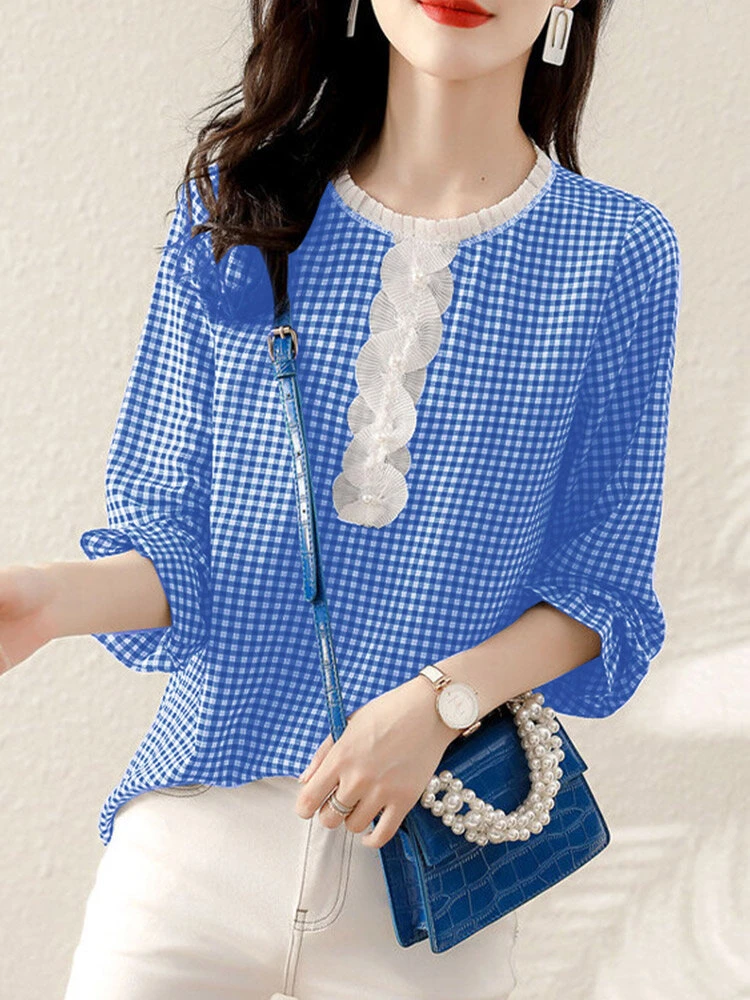 Check Print Long Sleeve Crew Neck Panel Blouse 4 Check Print Long Sleeve Crew Neck Panel Blouse - Image 4