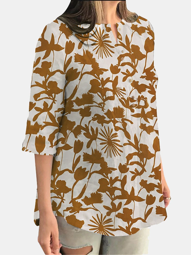 Random Allover Leaves Print Button Front 3/4 Sleeve Blouse 1 Random Allover Leaves Print Button Front 3/4 Sleeve Blouse
