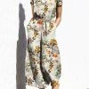 Plant Print Pocket Sash Round Neck Short Sleeve Cotton Jumpsuit