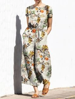 Plant Print Pocket Sash Round Neck Short Sleeve Cotton Jumpsuit