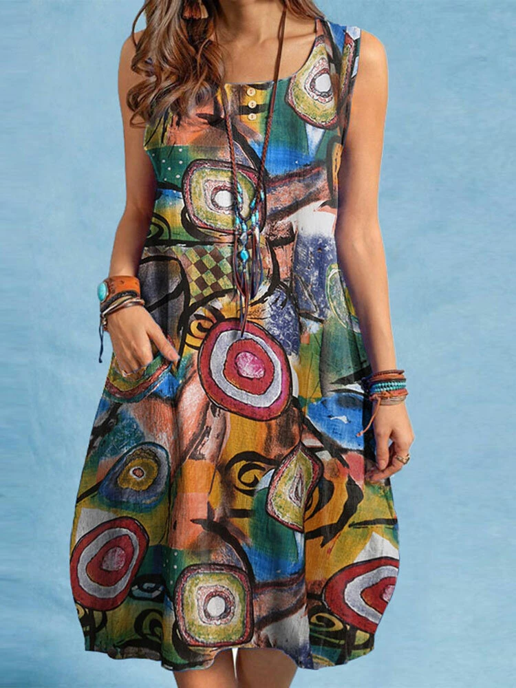 Allover Abstract Print Pocket Sleeveless Crew Neck Dress 2 Allover Abstract Print Pocket Sleeveless Crew Neck Dress - Image 2